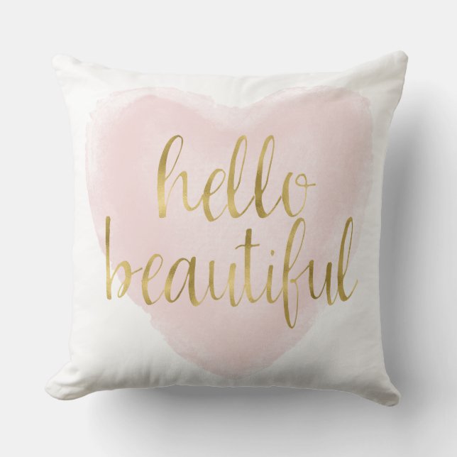 Coussin Coeur rose d'aquarelle d'or bonjour beau (Recto)
