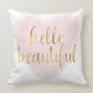 Coussin Coeur rose d'aquarelle d'or bonjour beau