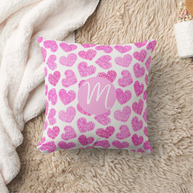 Coussin Coeur rose mignon Doodled Saint Valentin Monogramm (Couverture)