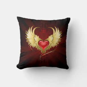 Coussin Coeur rouge avec ailes d'or