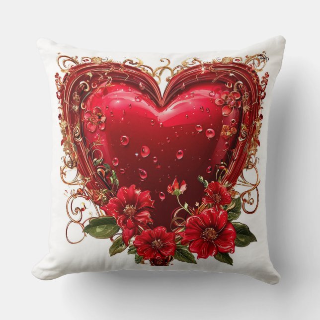 Coussin Coeur rouge élégant avec fleurs (Recto)