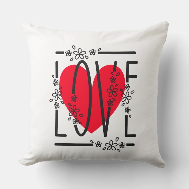 Coussin Cœur rouge et fleurs Texte Graphique Moderne et Él (Recto)