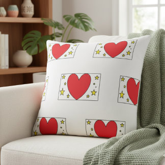 Coussin Cœur rouge fantaisiste et étoiles dorées Jeté de N