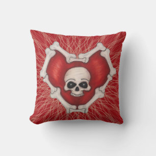 Coussin Coeur rouge gothique sur les spirales crâne blanc 
