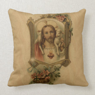 Coussin Coeur sacré de cru de Jésus avec l'agneau, fleurs