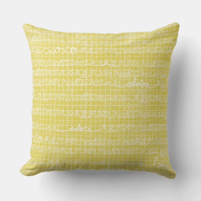 Coussin Coeurs blancs et mots d'amour sur l'oreiller jaune (Recto)