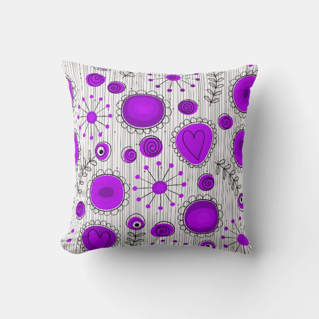 Coussin Coeurs blancs violet blanc Whimsical et fleurs flo (Recto)