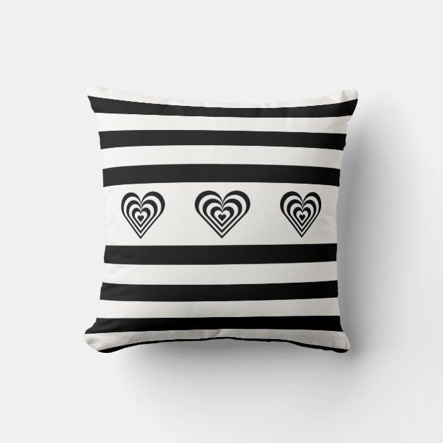 Coussin Cœurs concentriques sur rayures noires et blanches (Recto)