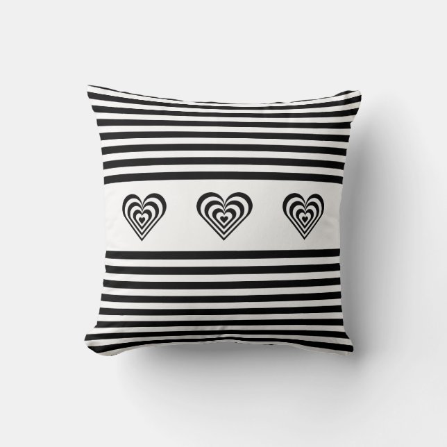 Coussin Cœurs concentriques sur rayures noires et blanches (Recto)