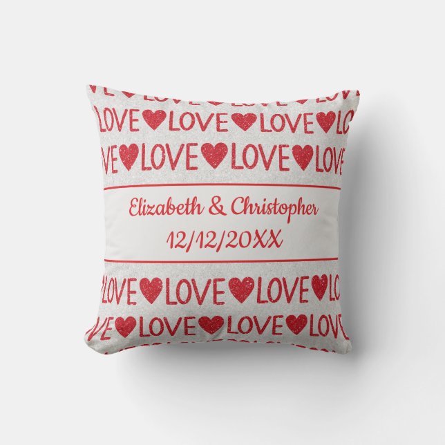 Coussin Cœurs d'amour rouges et blancs personnalisés Date  (Recto)