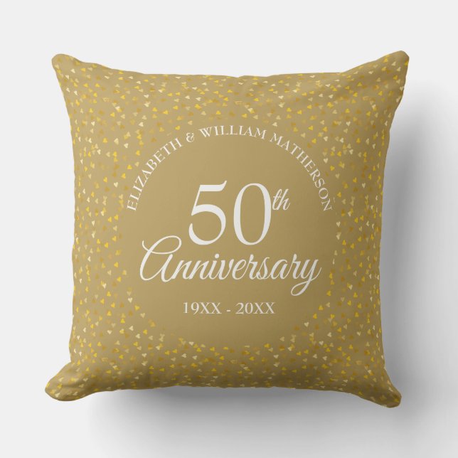 Coussin Cœurs de confettis d'anniversaire de 50 ans d'or (Recto)