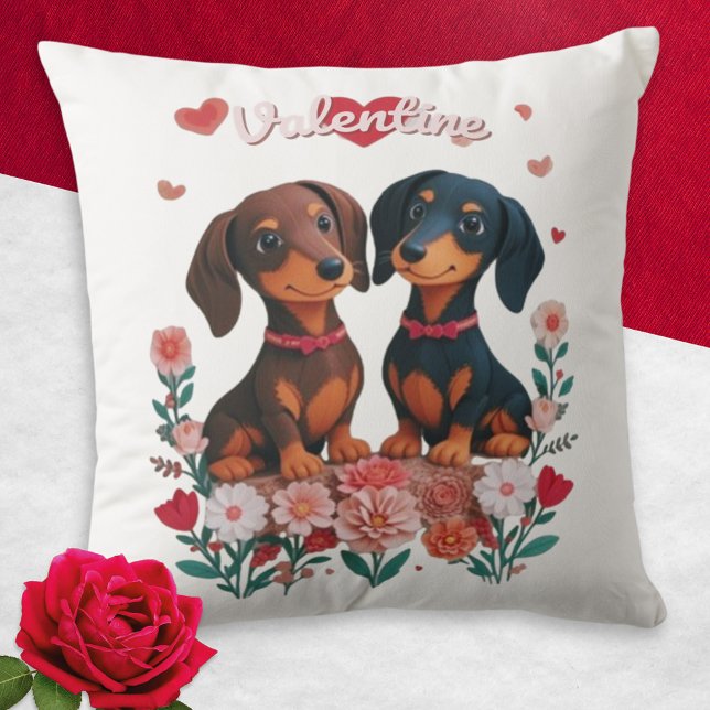 Coussin Cœurs de Dachshunds Fleurs Chiens Saint-Valentin (A cute cushion for Valentine's Day, with picture of two dachshunds with hearts and flowers)