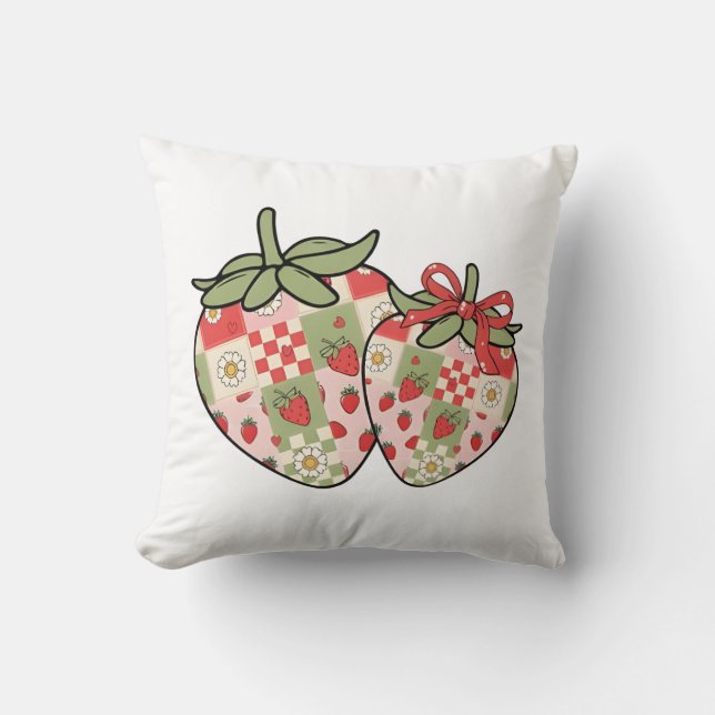 Coussin Cœurs de fraise en patchwork Art mignon Coquette (Recto)