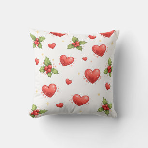 Coussin Cœurs de Noël et feuilles de houx