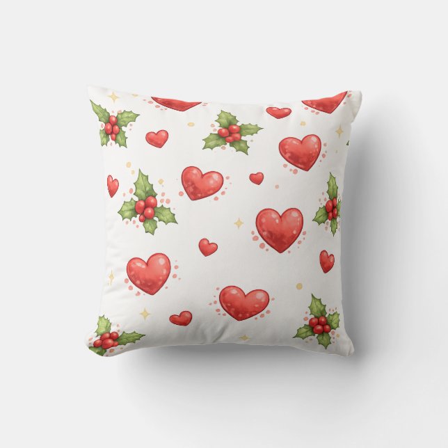 Coussin Cœurs de Noël et feuilles de houx (Recto)