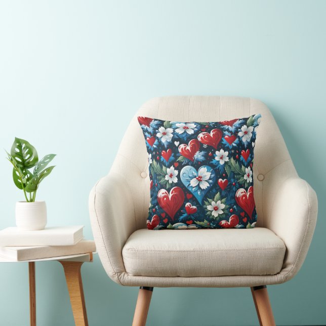 Coussin Coeurs de Noël floraux en bleu rouge et vert (Chaise)