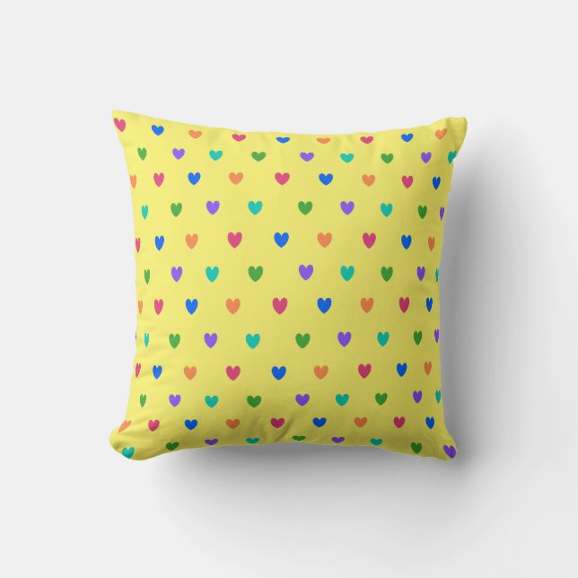 Coussin Coeurs de polka arc-en-ciel sur jaune (Recto)