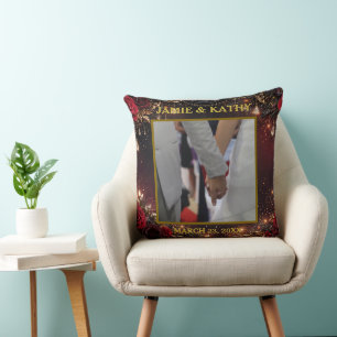 Coussin Cœurs dorés, fond noir photo et texte personnalisé