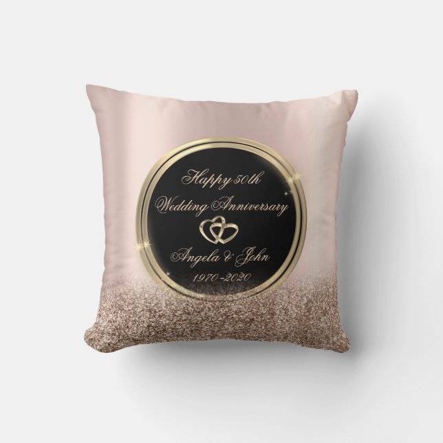 Coussin Cœurs Dorés Rose Paillettes 50e Anniversaire (Recto)
