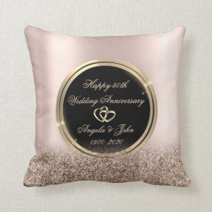 Coussin Cœurs Dorés Rose Paillettes 50e Anniversaire