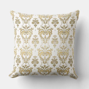 Coussin Cœurs Élégants Blancs et Or Saint-Valentin Damassé