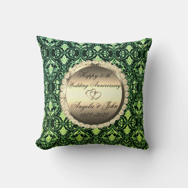 Coussin Cœurs en Damassé Vert 50e Anniversaire de Mariage (Recto)