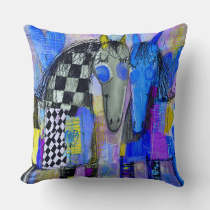 Coussin Cœurs Enjoués Et Chevaux à Damier