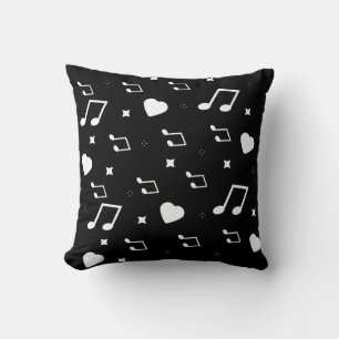 Coussin Cœurs et Étoiles Mignons Doodles Musicaux Noirs