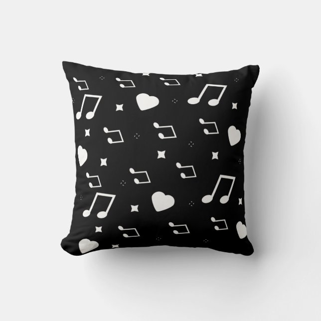 Coussin Cœurs et Étoiles Mignons Doodles Musicaux Noirs (Recto)