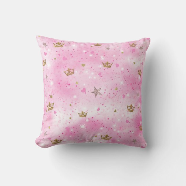 Coussin Cœurs Étoiles et Couronnes Princesse Rose (Recto)
