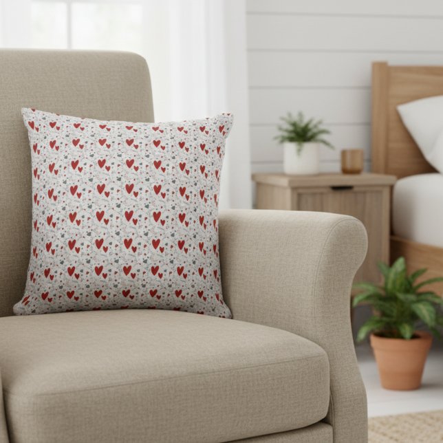 Coussin Cœurs gribouillés rouges et noirs Amour  (cute red and black hearts doodles accent pillow for her valentines theme bedroom decor)
