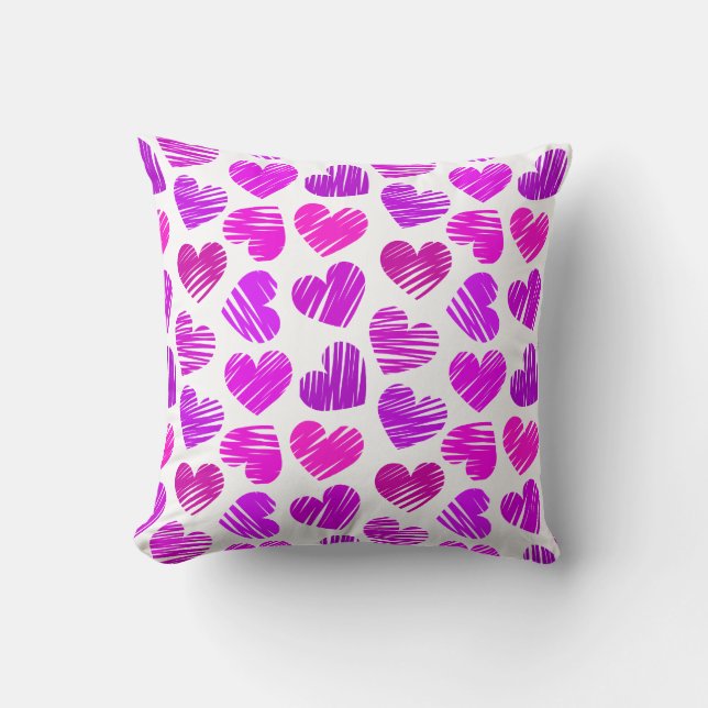 Coussin Coeurs griffés violets et roses modernes Valentine (Recto)