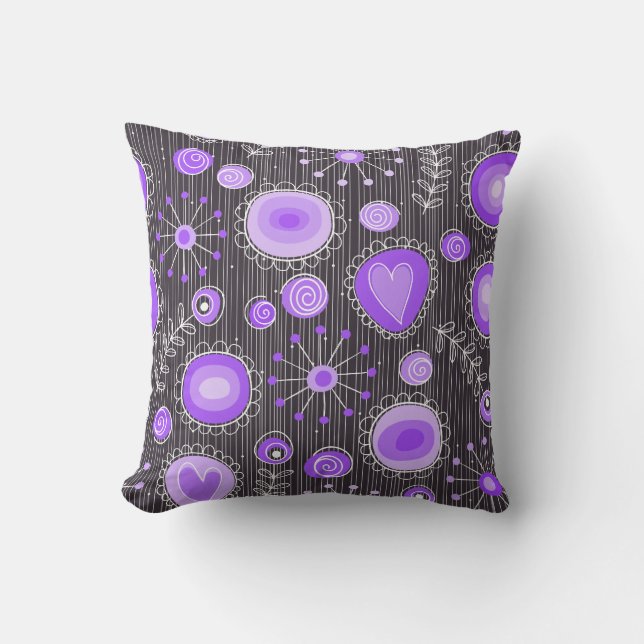 Coussin Coeurs gris violet blanc et fleurs florales (Recto)