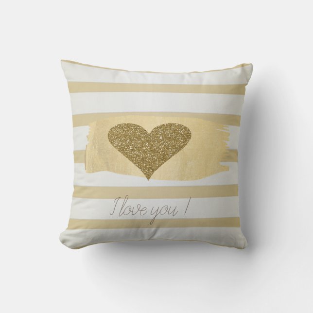 Coussin Cœurs Pailletés Dorés Adorables Rayures-Je T'Aime (Recto)