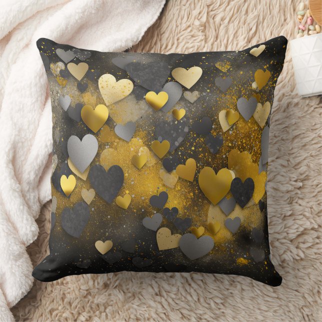 Coussin Cœurs pailletés noirs jaunes gris (Couverture)
