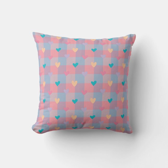 Coussin Cœurs pastel à motif damier – Joli sans couture (Recto)