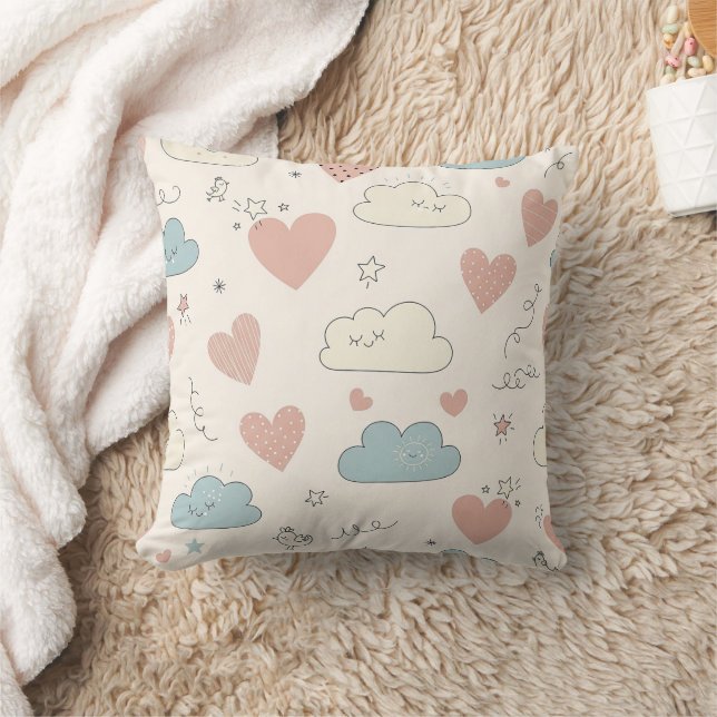 Coussin Cœurs pastel et nuages Aquarelle Rêve (10) (Couverture)