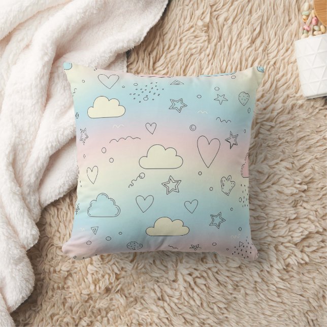 Coussin Cœurs pastel et nuages Aquarelle Rêve (8) (Couverture)