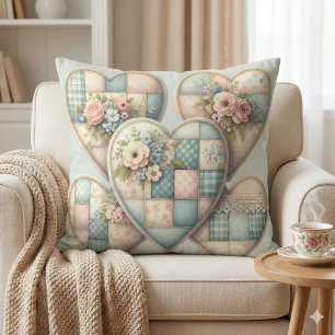Coussin Cœurs Patchwork Cottagecore Pastel