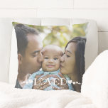 Coussin Coeurs photos adorés Personnalisé<br><div class="desc">Créez un oreiller à lancer photo avec une ou deux photos pour quelqu'un d'AIMÉ avec ce modèle photo à fond de sang facile à télécharger. Le design comprend un design de titre de typographie moderne accentué de coeurs et votre texte personnalisé en blanc comme une superposition photo. La conception est...</div>