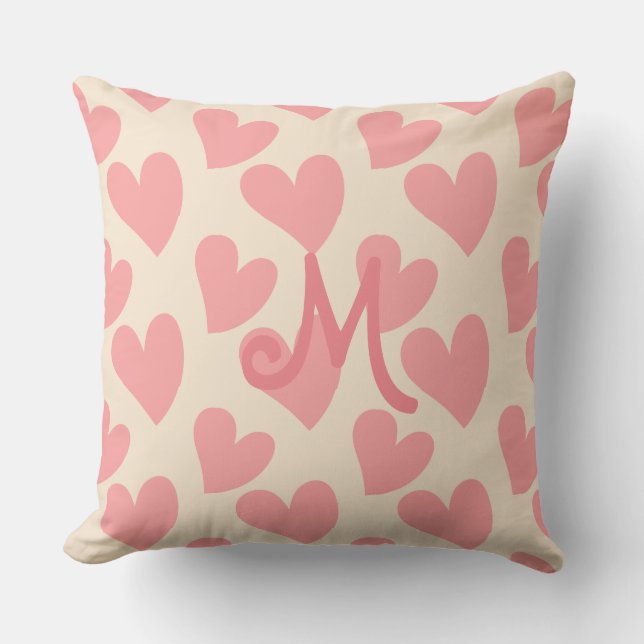 Coussin Cœurs Rose Pâle Rêveurs Monogrammés Beige (Recto)