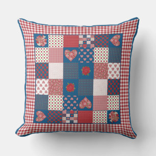 Coussin Coeurs, Rose rouge, blanc, bleu Faux-Patchwork