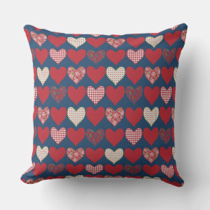 Coussin Coeurs rouge, bleu et blanc sur bleu de minuit