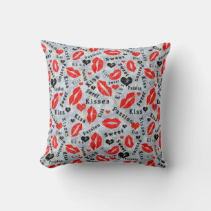 Coussin Coeurs, rouge, noir, empreintes de lèvres, baiser