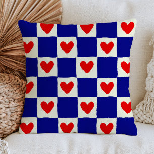 Coussin Cœurs Rouges Carrés Bleus À Carreaux Éclectiques