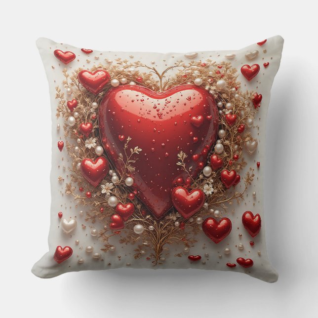 Coussin Cœurs rouges élégants avec détails floraux dorés (Recto)