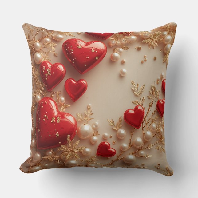 Coussin Cœurs rouges élégants avec détails floraux dorés (Recto)