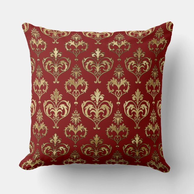 Coussin Cœurs rouges et or élégants damassé de la Saint-Va (Recto)