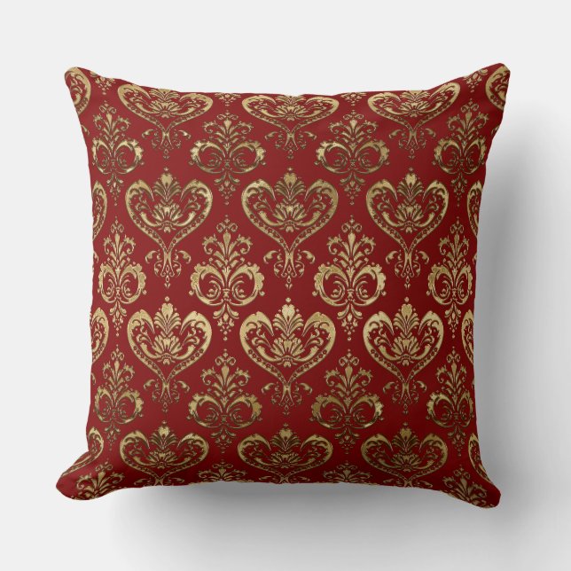 Coussin Cœurs rouges et or élégants damassé de la Saint-Va (Recto)