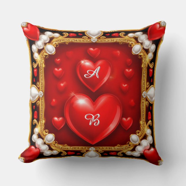 Coussin Cœurs rouges ornés d'or et de perles (Recto)